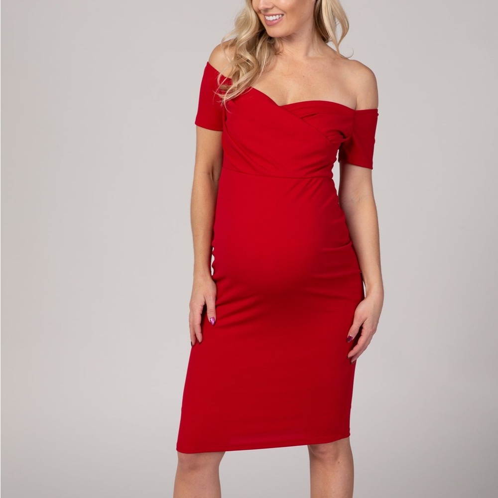PinkBlush Red Solid Off Shoulder Maternity Fitted Dress size small